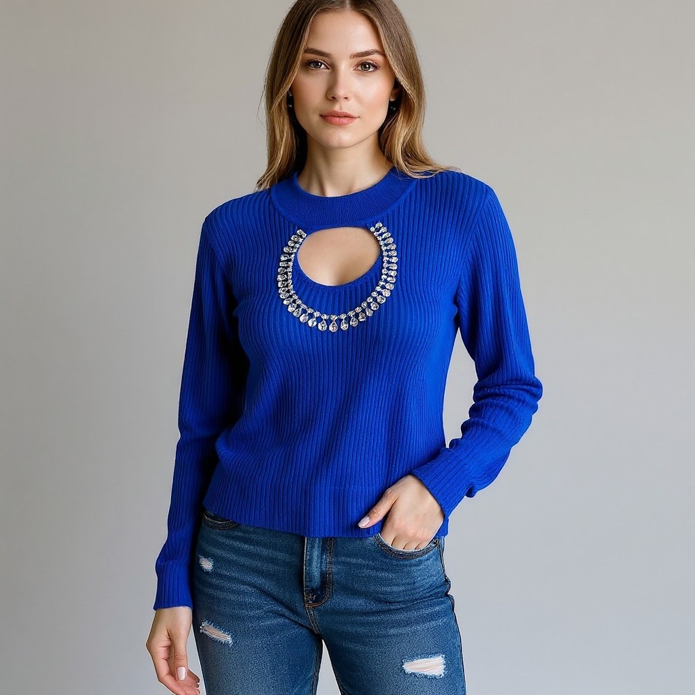 Allison + Zoe Royal Blue Ribbed Mock Neck Rhinestone Cutout‎ Sweater 3X Womens